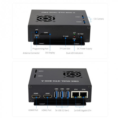 WAVESHARE DUAL GIGABIT Ethernet Mini-Ordinateur avec caisse en métal et ventilateur de refroidissement pour la framboise PI CM4 () SW77EU1951-09