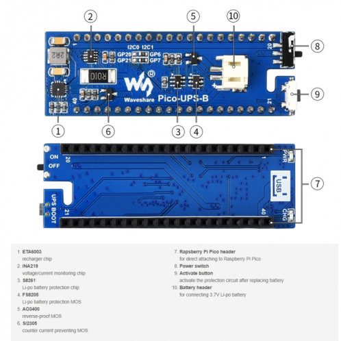 Module UPS WAVESHARE Fourniture d'alimentation ininterrompue 600mAh Li-PO Module de batterie LI-PO Panneau empilable pour Raspberry Pi Pico SW01791123-06