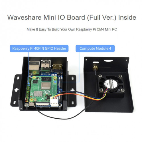 WAVESHARE MINI IO Board VER Mini-Computer Boîte de base avec caisse en métal et ventilateur de refroidissement pour la framboise PI CM4 (prise EU) SW81EU182-08