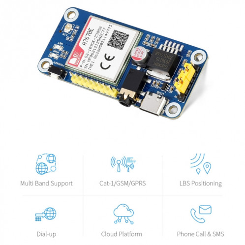 Waveeshare Multi Band 2G GSM / GPRS LBS A7670E LT-1 chapeau de chat-1 pour la framboise PI, pour l'Europe, Asie du Sud-Est, Asie de l'Ouest, Afrique, Chine, Sud-Kor SW0182449-07