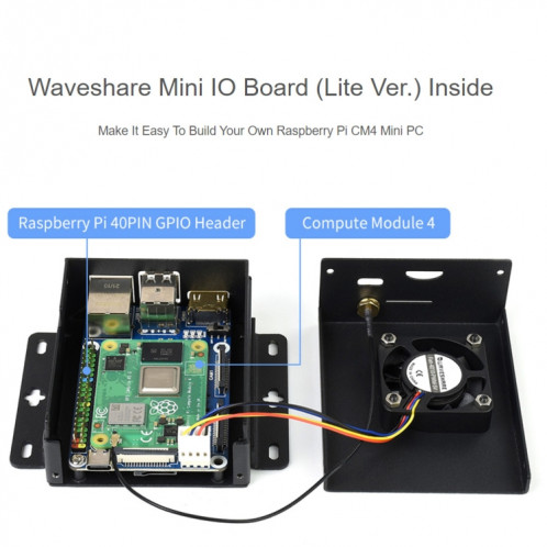 WAVESHARE MINI IO Board Lite Ver Mini-Ordinateur Boîte de base avec caisse en métal et ventilateur de refroidissement pour la framboise PI CM4 (prise EU) SW83EU1515-010