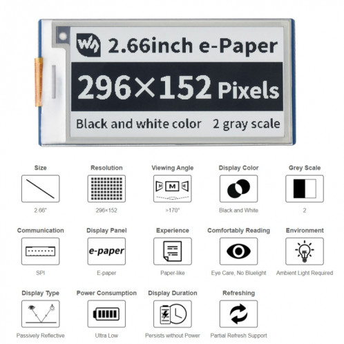 Waveeshare 2.66 pouces 296 x 152 Module d'affichage en ligne électronique noir / blanc noir / blanc pour la framboise Pi Pico, interface SPI SW01841241-07