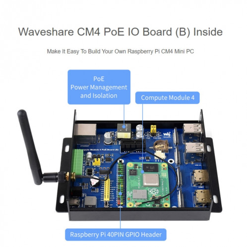 WAVESHARE POE Mini-Ordinateur de type B Base de base avec étui en métal et ventilateur de refroidissement pour la framboise PI CM4 () SW85EU1322-08