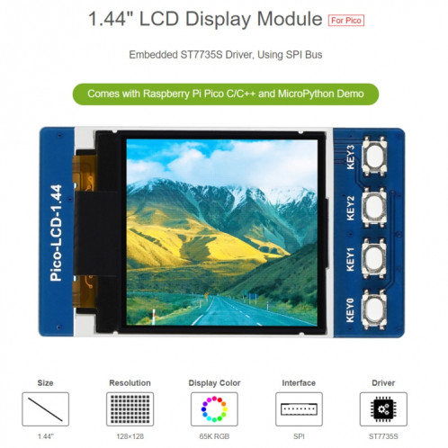 Waveshare 1.44 pouces Couleurs LCD 65K 128 x 128 Module d'affichage pour Raspberry Pi Pico, interface SPI SW01921458-06