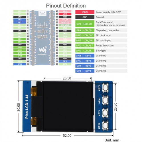 Waveshare 1.44 pouces Couleurs LCD 65K 128 x 128 Module d'affichage pour Raspberry Pi Pico, interface SPI SW01921458-06