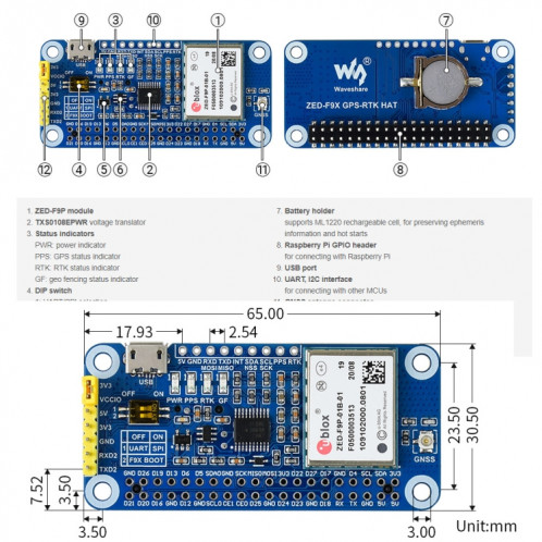 WAVESHARE ZED-F9P GPS-RTK HAT Niveau de centimètre Valeur Multi-bande RTK Différentiel Module GPS pour Raspberry PI SW0196732-012