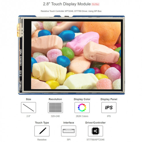 Waveeshare 2.8 pouces 262K Couleurs 320 x 240 Pixel Touch Module d'affichage pour Raspberry Pi Pico, interface SPI SW0197929-08