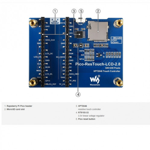 Waveeshare 2.8 pouces 262K Couleurs 320 x 240 Pixel Touch Module d'affichage pour Raspberry Pi Pico, interface SPI SW0197929-08