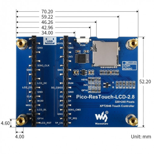 Waveeshare 2.8 pouces 262K Couleurs 320 x 240 Pixel Touch Module d'affichage pour Raspberry Pi Pico, interface SPI SW0197929-08