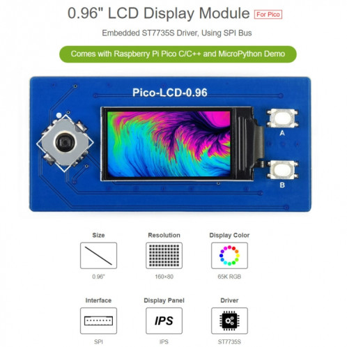 Waveeshare 65k couleurs 160 x 80 pixel Module d'affichage LCD de 0,96 pouce pour la framboise Pi Pico, SPI SW0199669-06