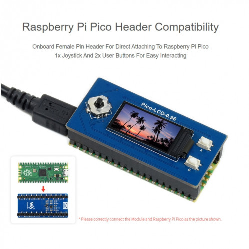 Waveeshare 65k couleurs 160 x 80 pixel Module d'affichage LCD de 0,96 pouce pour la framboise Pi Pico, SPI SW0199669-06