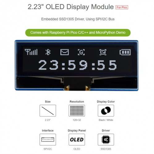 Waveshare 128 x 32 Pixel Module d'affichage OLED 2.23 pouces pour Raspberry Pi Pico, SPI / I2C SW02101112-06