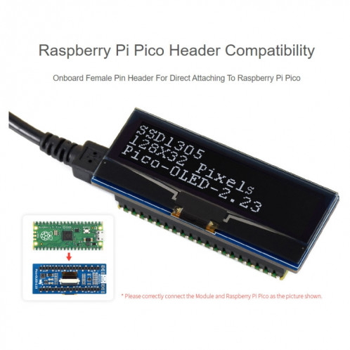 Waveshare 128 x 32 Pixel Module d'affichage OLED 2.23 pouces pour Raspberry Pi Pico, SPI / I2C SW02101112-06