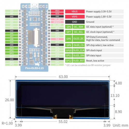 Waveshare 128 x 32 Pixel Module d'affichage OLED 2.23 pouces pour Raspberry Pi Pico, SPI / I2C SW02101112-06