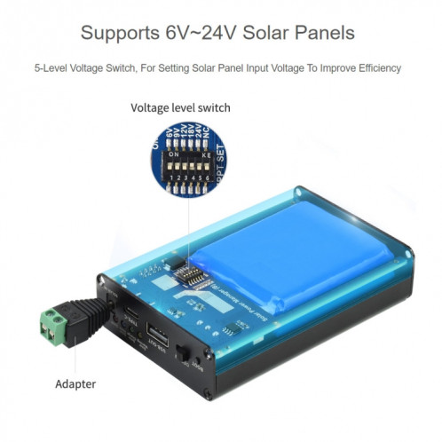 Waveeshare Solar Power Manager, Batterie Li-PO embarqué 10000MAh, support 6V ~ 24V Panneaux solaires (Noir) SW212B1032-08