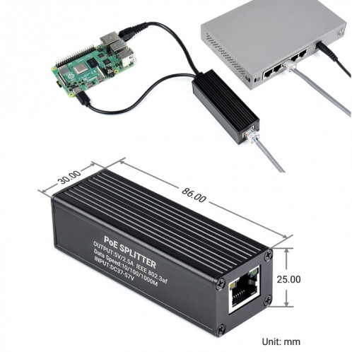 Étui en métal Waveeshare Gigabit Poe Splitter, 5V 2.5A Type-C Out SW0216565-07