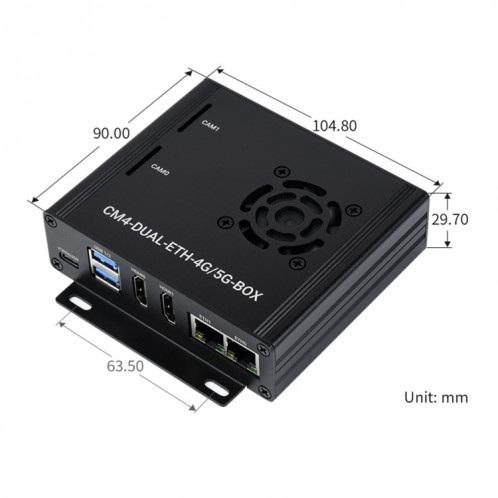 Boîte d'ordinateur Waveshare Dual Gigabit Ethernet 5G / 4G avec ventilateur de refroidissement pour Raspberry Pi CM4 (Plug UE) SW17EU684-09