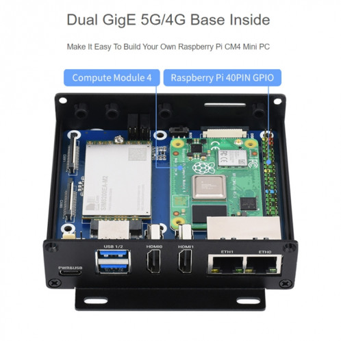 Boîte d'ordinateur Waveshare Dual Gigabit Ethernet 5G / 4G avec ventilateur de refroidissement pour Raspberry Pi CM4 (Plug UE) SW17EU684-09