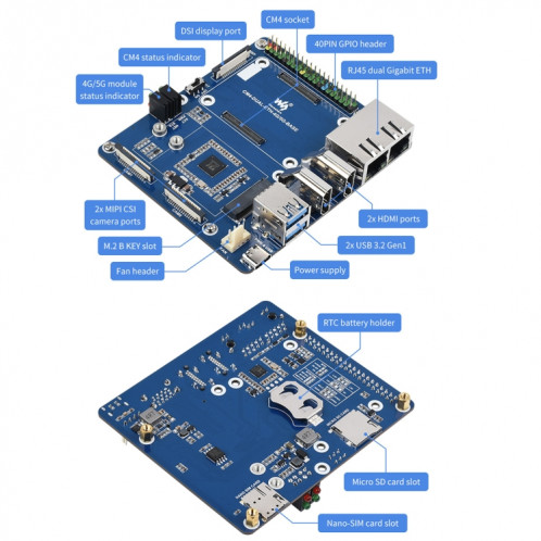 Boîte d'ordinateur Waveshare Dual Gigabit Ethernet 5G / 4G avec ventilateur de refroidissement pour Raspberry Pi CM4 (Plug UE) SW17EU684-09