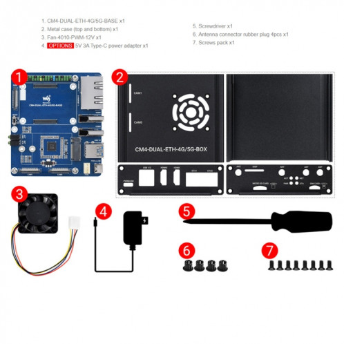 Boîte d'ordinateur Waveshare Dual Gigabit Ethernet 5G / 4G avec ventilateur de refroidissement pour Raspberry Pi CM4 (Plug UE) SW17EU684-09