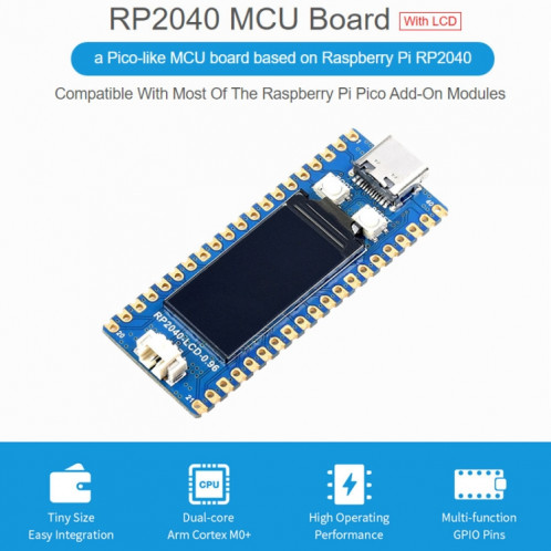 WAVESHARE RP2040-LCD-0,96 Coot MCU de type PICO Basé sur Raspberry Pi MCU RP2040, avec pinhheader SW0225499-07