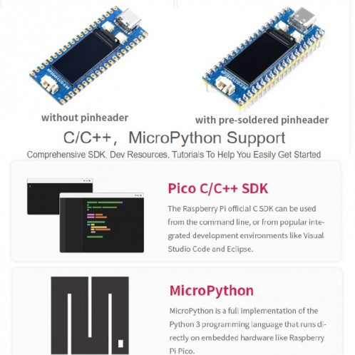WAVESHARE RP2040-LCD-0,96 Coot MCU de type PICO Basé sur Raspberry Pi MCU RP2040, avec pinhheader SW0225499-07