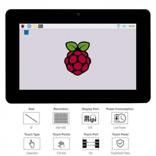 Waveshare 8 pouces 800 x 480 Affichage tactile capacitif pour interface Raspberry Pi, interface DSI SW02291525-07