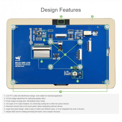 Waveshare 8 pouces 800 x 480 Affichage tactile capacitif pour interface Raspberry Pi, interface DSI SW02291525-07