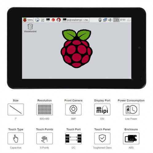 WAVESHARE 7 pouces 800 x 480 Affichage tactile capacitif avec étui et caméra avant pour raspberry pi SW02301787-07