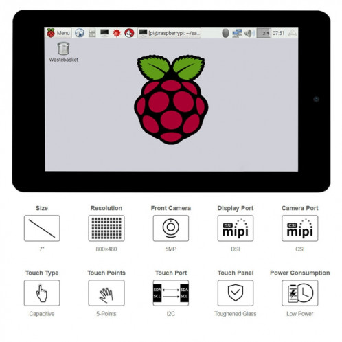 WAVESHARE 7 pouces 800 x 480 Affichage tactile capacitif avec caméra avant pour raspberry pi SW0231334-07