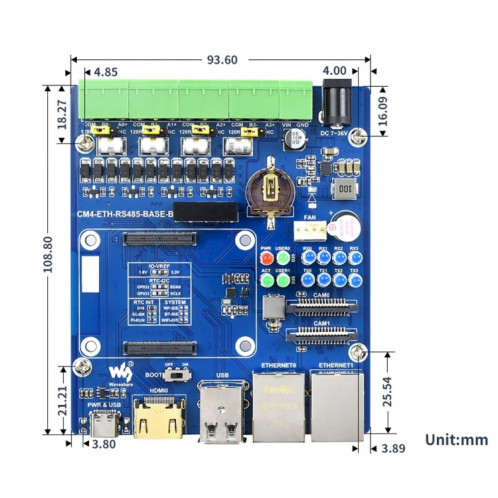 Waveshare Dual Eth Quad RS485 Base Board B pour Raspberry Pi CM4, Gigabit Ethernet SW0249539-07