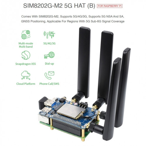 WAVESHare SIM8202G-M2 5G HAT B Multi-bande Snapdragon X55 MODULE CARTE pour Raspberry Pi SW0252269-07
