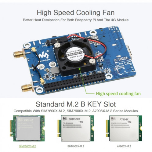 Waveshare sim7600g-h M.2 4g chapeau lte cat4 module de bande globale GNSS haute vitesse pour Raspberry Pi SW0254304-07