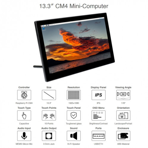 Mini-ordinateur Waveshare alimenté par Raspberry Pi CM4 Tactile (Plug EU) SW60EU692-07