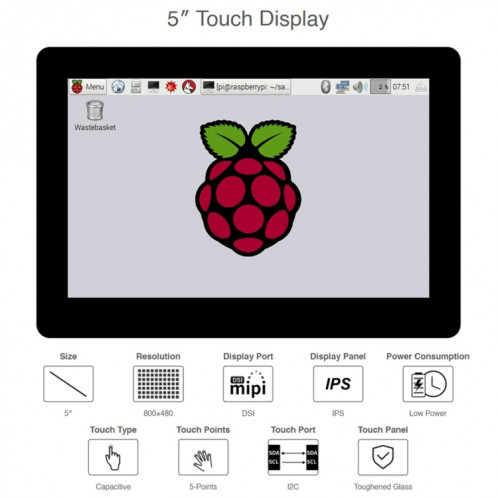 Waveshare 5 pouces 800 x 480 Affichage tactile IPS capacitif pour Raspberry Pi, interface DSI SH02671093-07