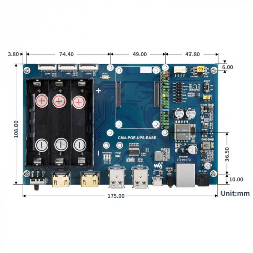 WAVESHare Poe UPS Base Board pour Raspberry Pi CM4, Gigabit Ethernet, Dual HDMI, Quad USB2.0 SW0269627-07