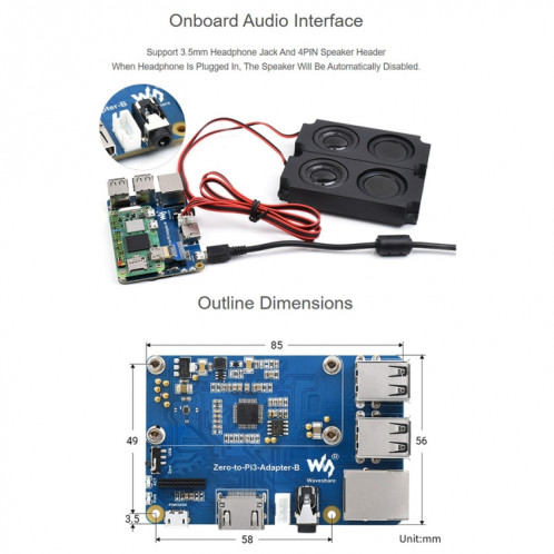 Adaptateur Waveshare Raspberry Pi Zero 2W vers 3B pour Raspberry Pi 3 modèle B/B+ SW0271482-07