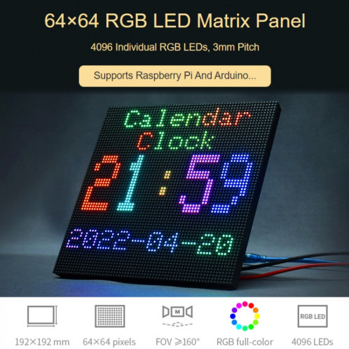 Panneau matriciel LED couleur RVB Waveshare, pas de 3 mm, 64 x 64 pixels, luminosité réglable SW0274641-07