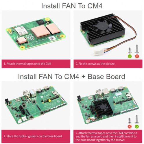 Ventilateur de refroidissement Waveshare dédié tout-en-un 3007 pour Raspberry Pi CM4, vitesse réglable, avec bandes thermiques SW027562-07