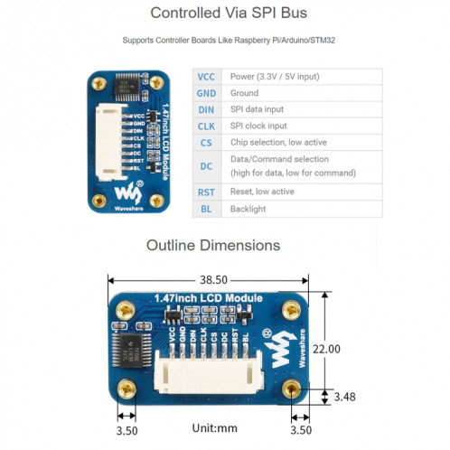 Module d'affichage LCD WAVESHARE 1,47 pouces, coins arrondis, résolution 172 x 320, interface SPI SV0276809-05