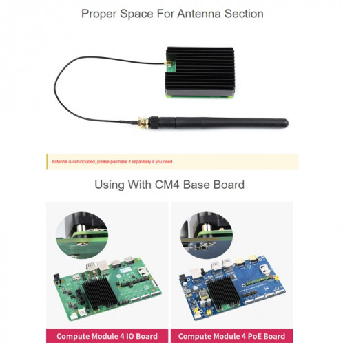 Dissipateur thermique en aluminium WAVESHARE pour Raspberry Pi CM4, avec encoche d'antenne (noir) SW277B294-07