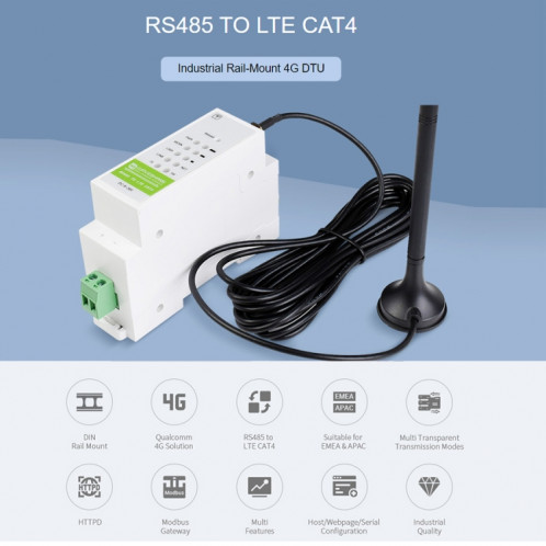 Démodulateur cellulaire Waveshare Industrial 4G DTU, RS485 à LTE CAT4, montage sur rail DIN, pour EMEA, Kor, Thaïlande, Inde, Asie du Sud-Est SWY0271201-07