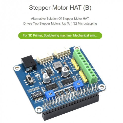 Chapeau de moteur pas à pas HRB8825 Waveshare pour Raspberry Pi, entraîne deux moteurs pas à pas, jusqu'à 1/32 Microstepping SW02801187-012