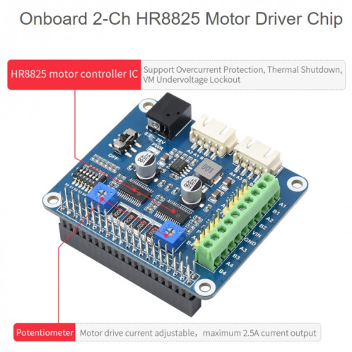 Chapeau de moteur pas à pas HRB8825 Waveshare pour Raspberry Pi, entraîne deux moteurs pas à pas, jusqu'à 1/32 Microstepping SW02801187-012
