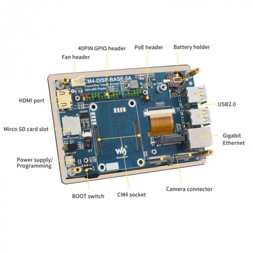 Extension d'écran tactile WAVESHARE 5 pouces pour Raspberry Pi CM4, en-tête PoE, Gigabit Ethernet, sortie 4K SW02831930-010