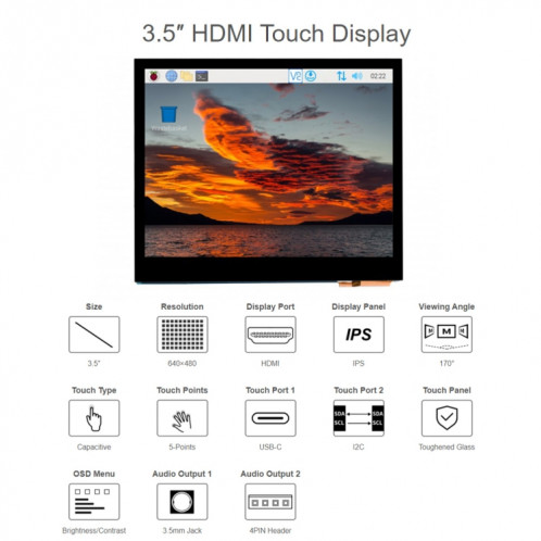 Écran LCD IPS tactile capacitif HDMI Waveshare 3,5 pouces (E), 640 x 480, prise audio SW0285773-06