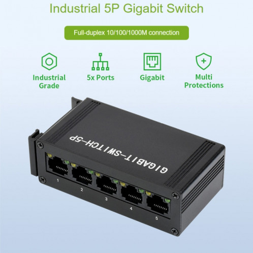 Commutateur Ethernet Gigabit industriel 5P Waveshare, Full-Duplex 10/100/1000M, montage sur rail DIN SW02881514-07