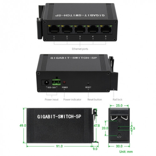 Commutateur Ethernet Gigabit industriel 5P Waveshare, Full-Duplex 10/100/1000M, montage sur rail DIN SW02881514-07