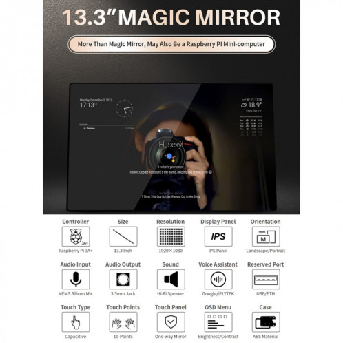 Miroir magique Waveshare 13,3 pouces, assistant vocal, contrôle tactile (prise UE) SW91EU1661-010