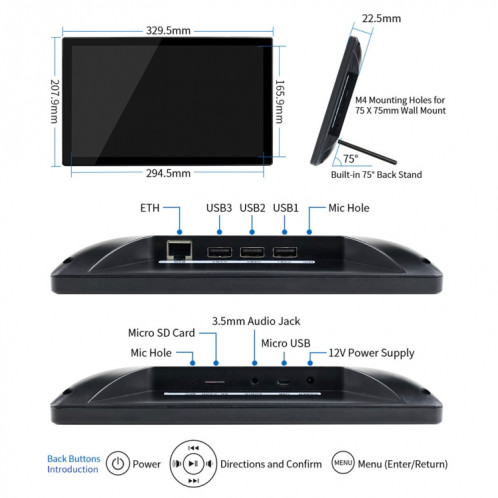 Miroir magique Waveshare 13,3 pouces, assistant vocal, contrôle tactile () SW91EU1661-010